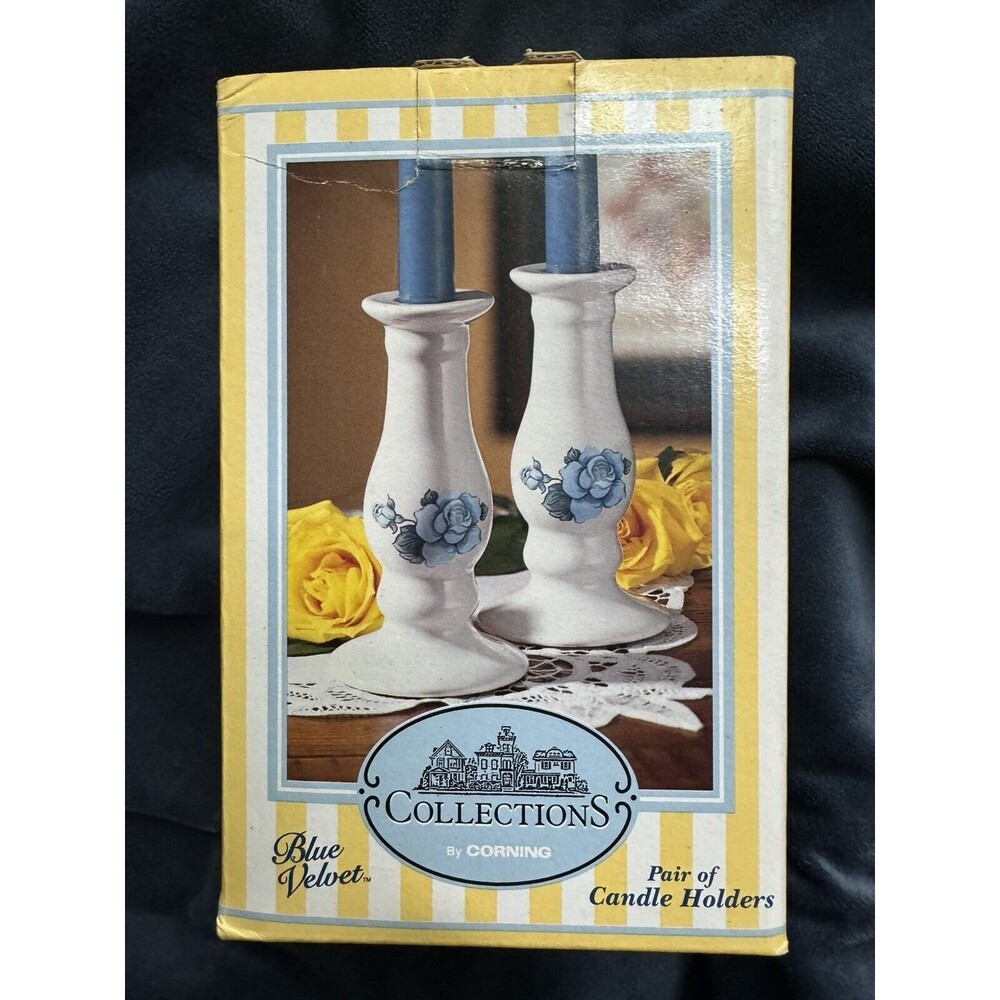 VTG Corning Candlestick Pair In Blue‎ Velvet pattern, Roses Country Farmhouse